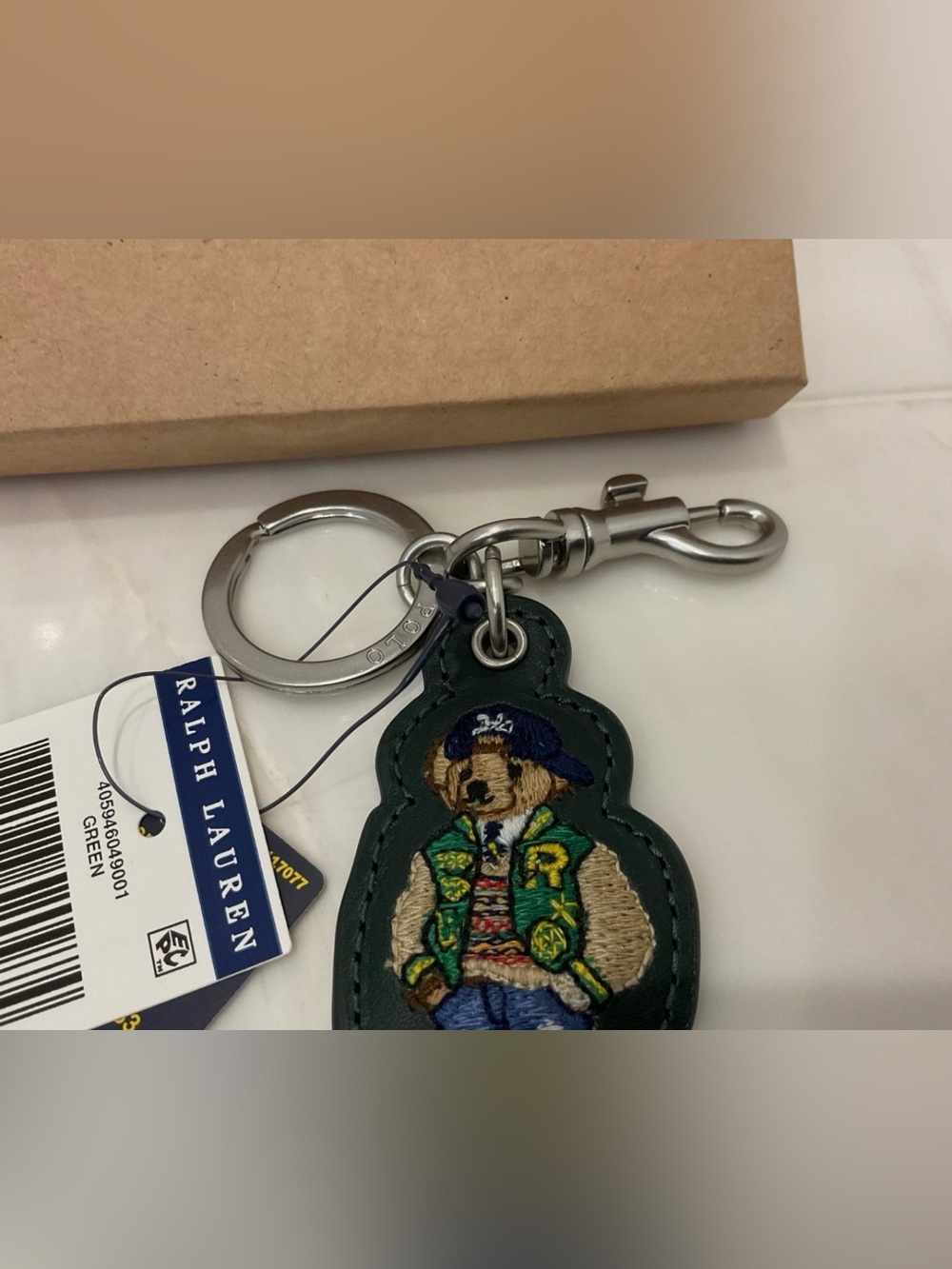 NEW Polo Ralph Lauren COLLEGE VARSITY BEAR - LEATHER Key Ring Keychain - GREEN - Picture 2 of 6